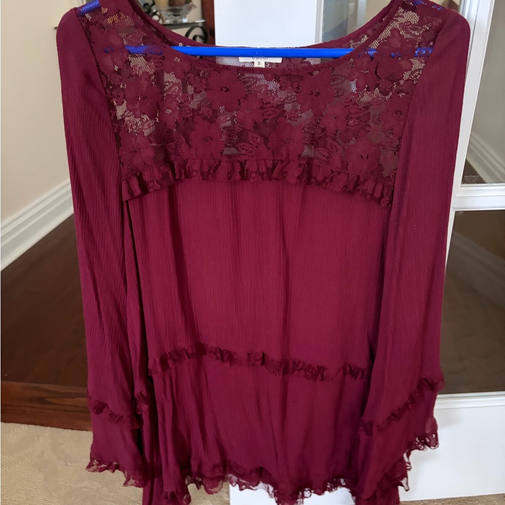 Easel Burgundy Lace Detail Women's Blouse